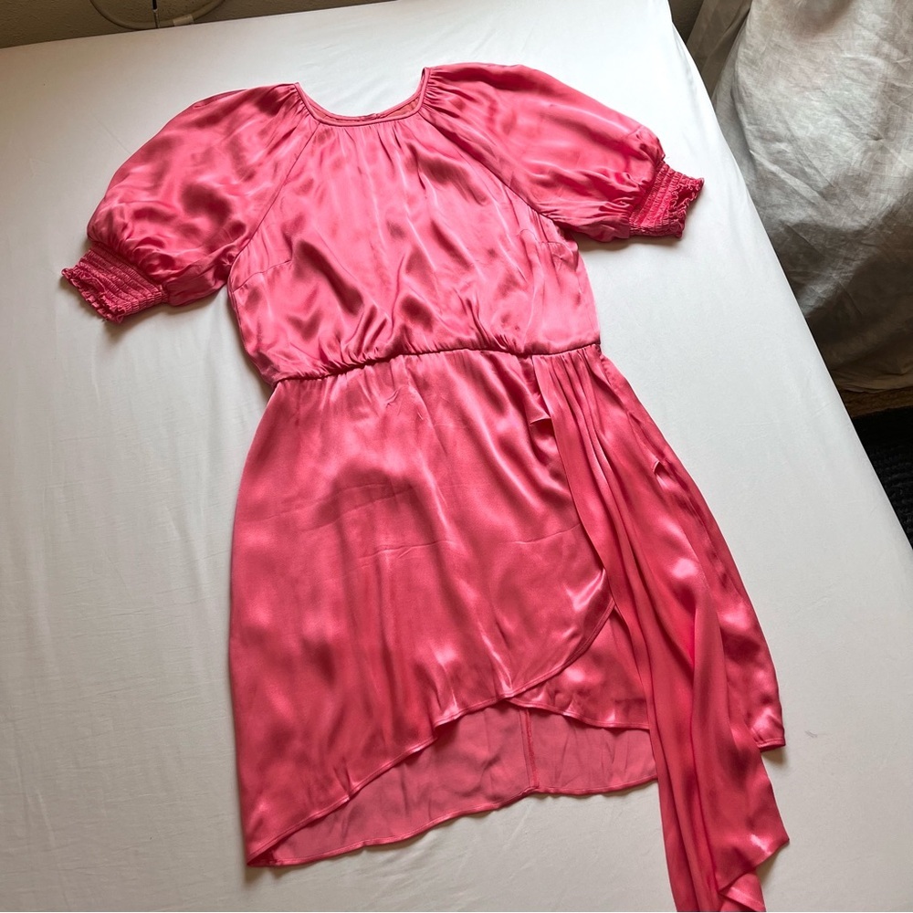SAYLOR pink satin short puff sleeve draped mini dress